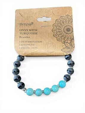 Henna Shoppe Onyx Turquoise Beaded Bracelet NWT Stretch 8mm Healing Stone Boho